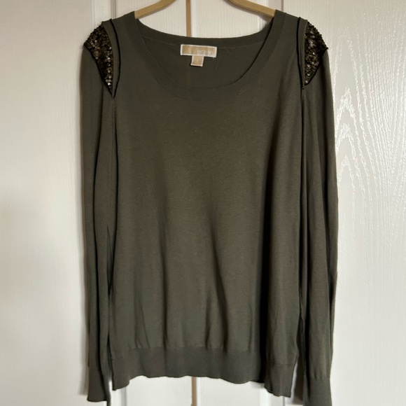 Michael Kors Khaki crewneck sweater sequin embellishment shoulders size Large - Picture 1 of 9